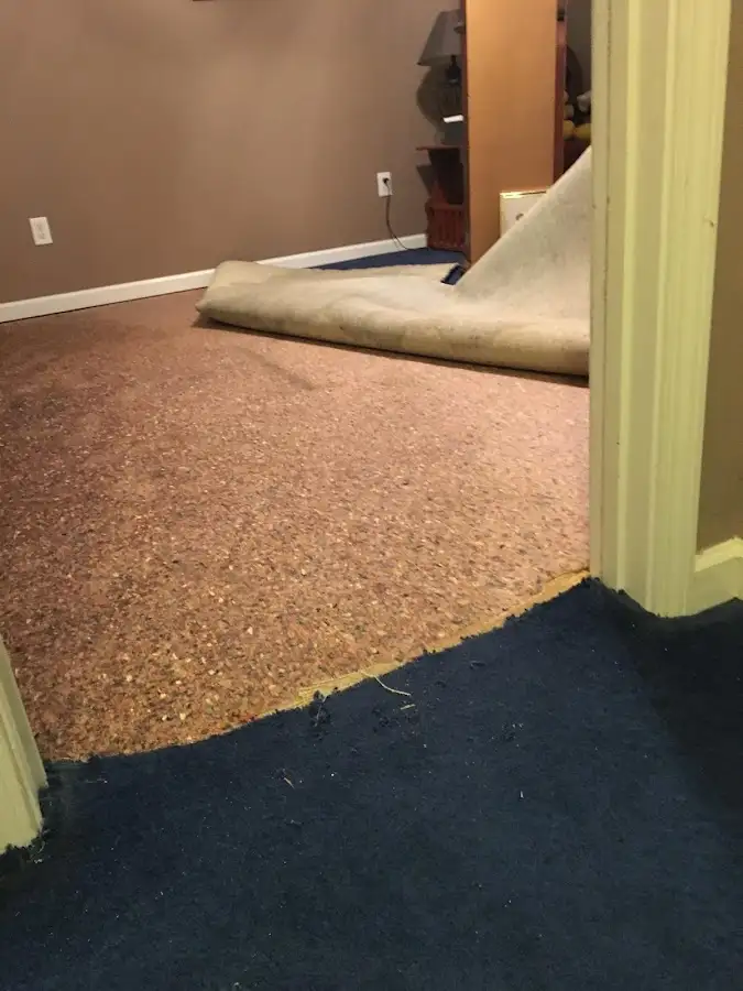 Carpet pad removal revealing water damage during Drying & Dehumidification in River Oaks